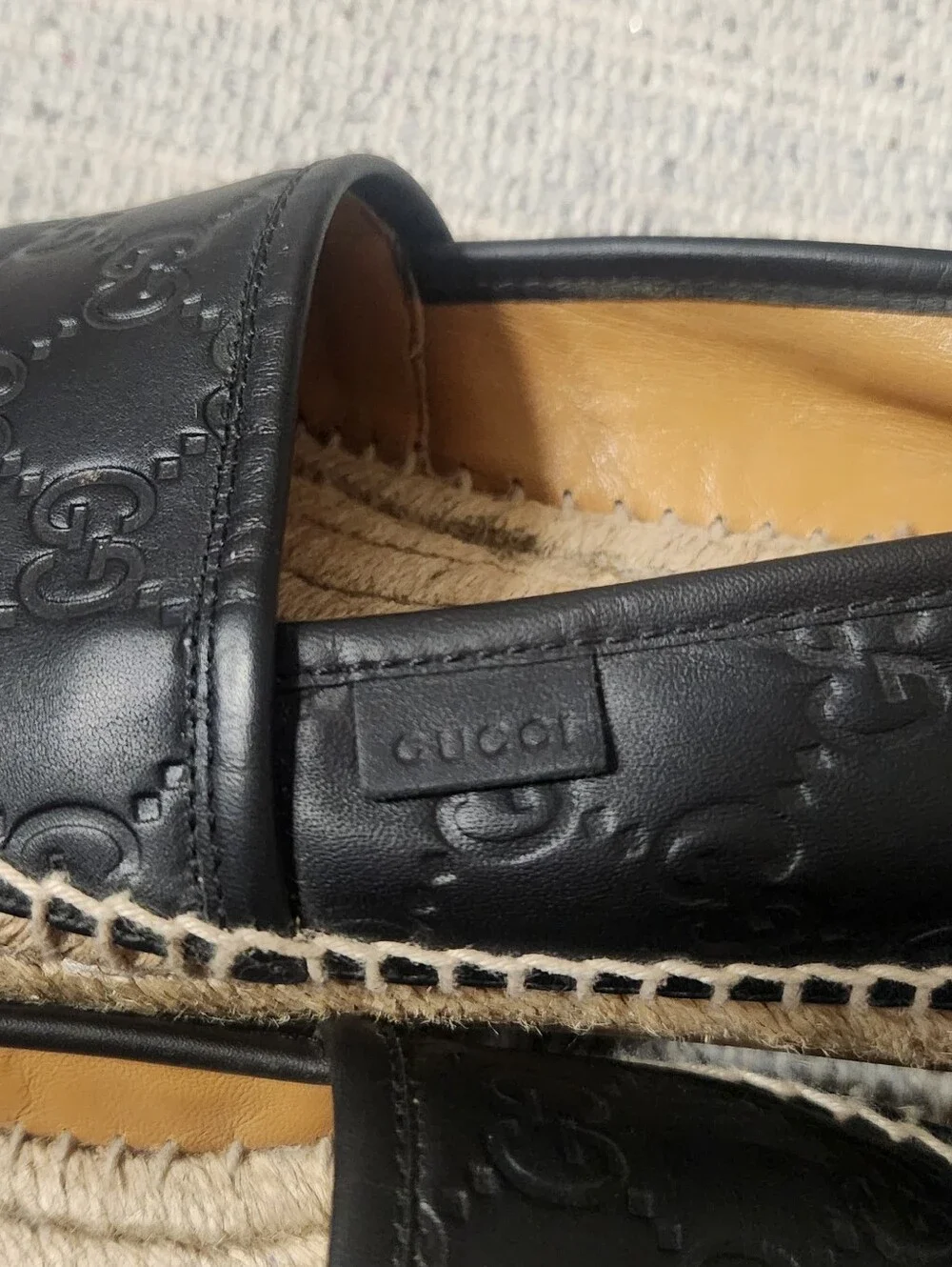 Gucci Black Monogram Embossed Leather Espadrille Flats